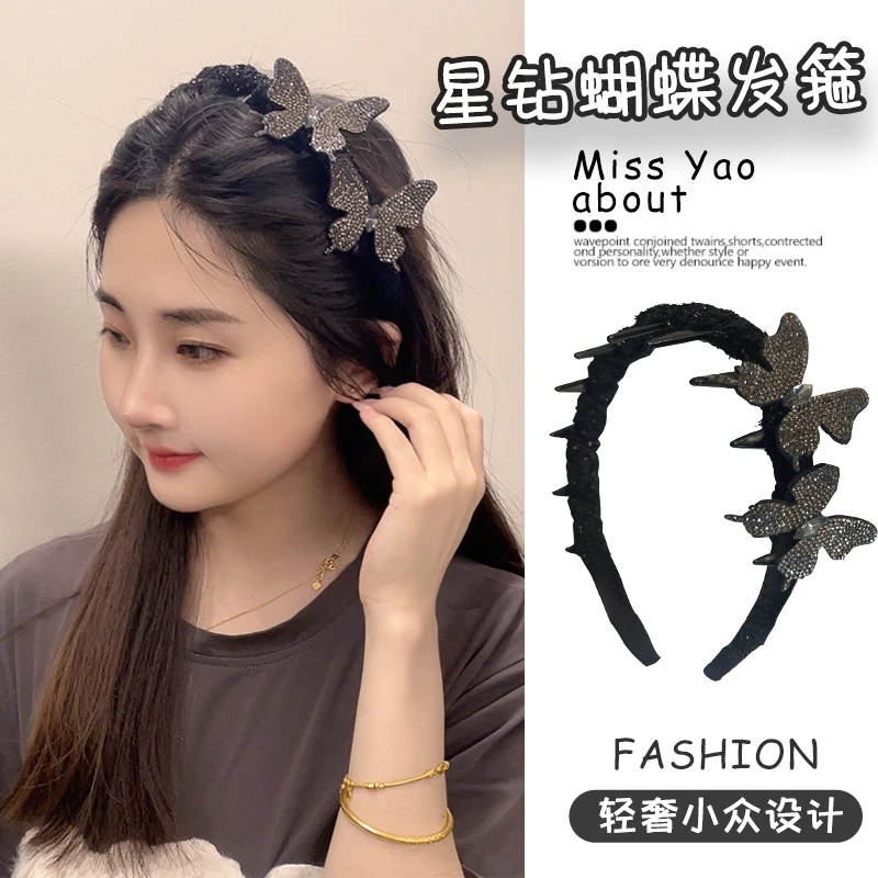 【星光蝴蝶】日韩发箍少女风小香风原创设计网红立体钻钻齿梳高颅顶