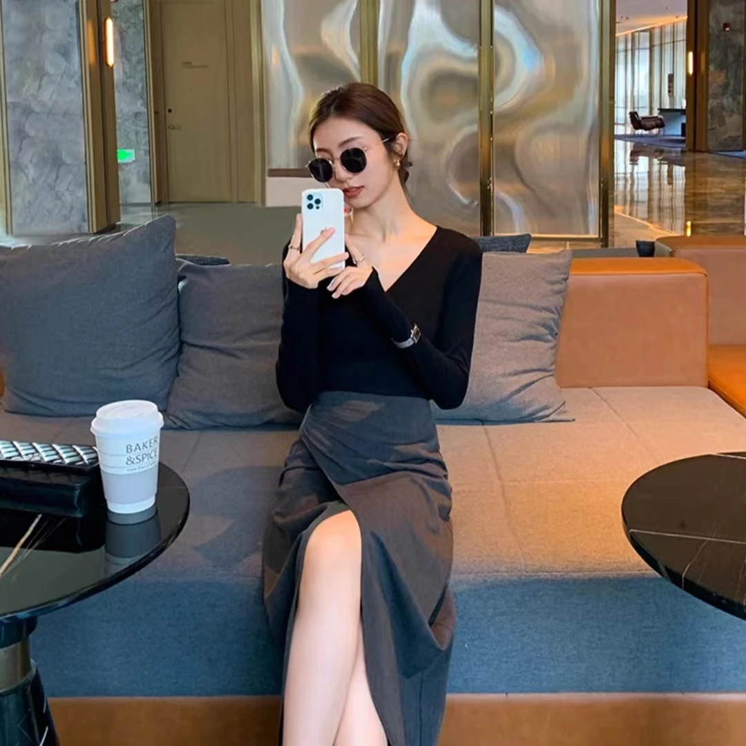 5045春夏季款高腰修身女装半身裙气质长袖轻熟风早秋设计感时尚