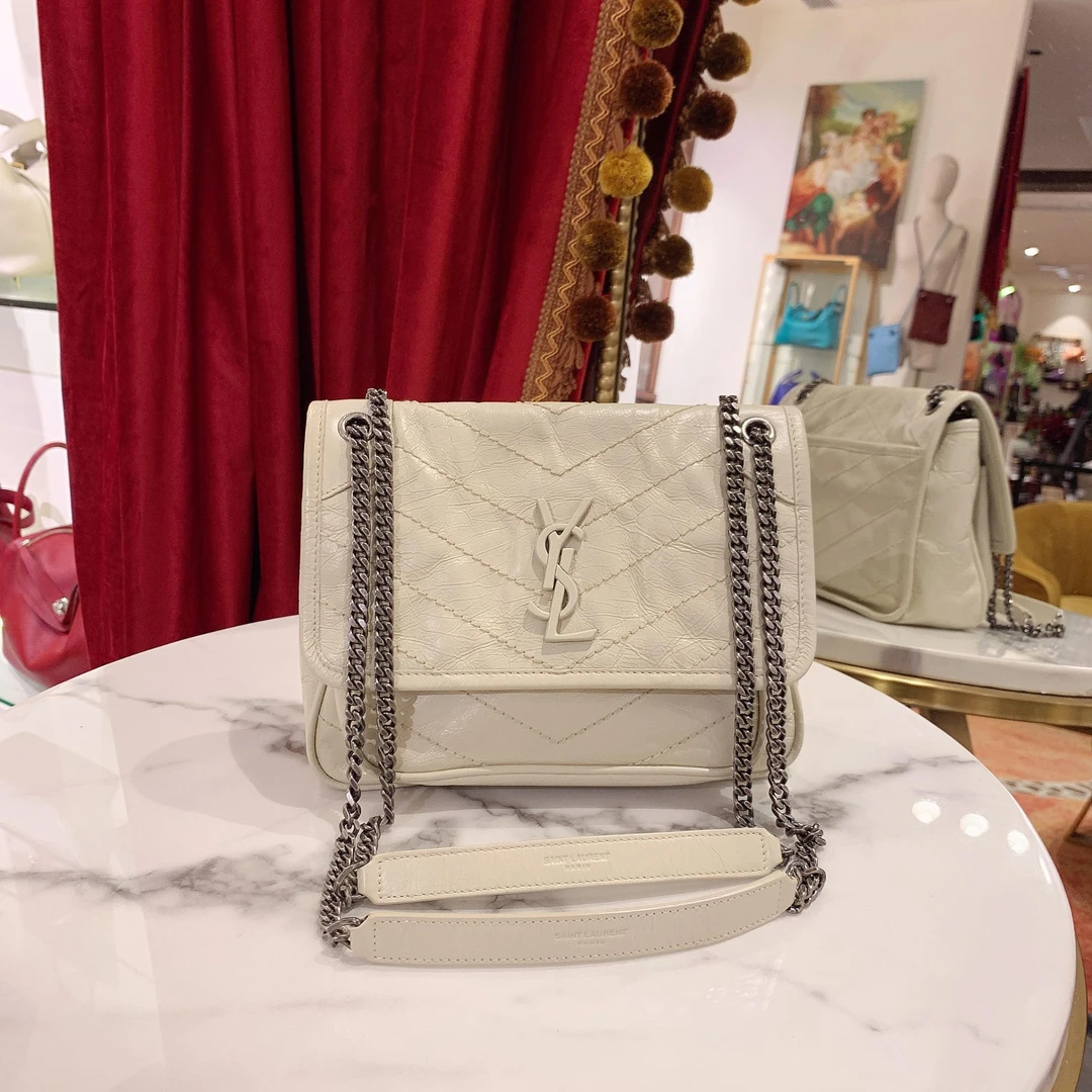 95新 YSL/圣罗兰 GGS圣罗兰niki小号白色银扣油蜡74094706