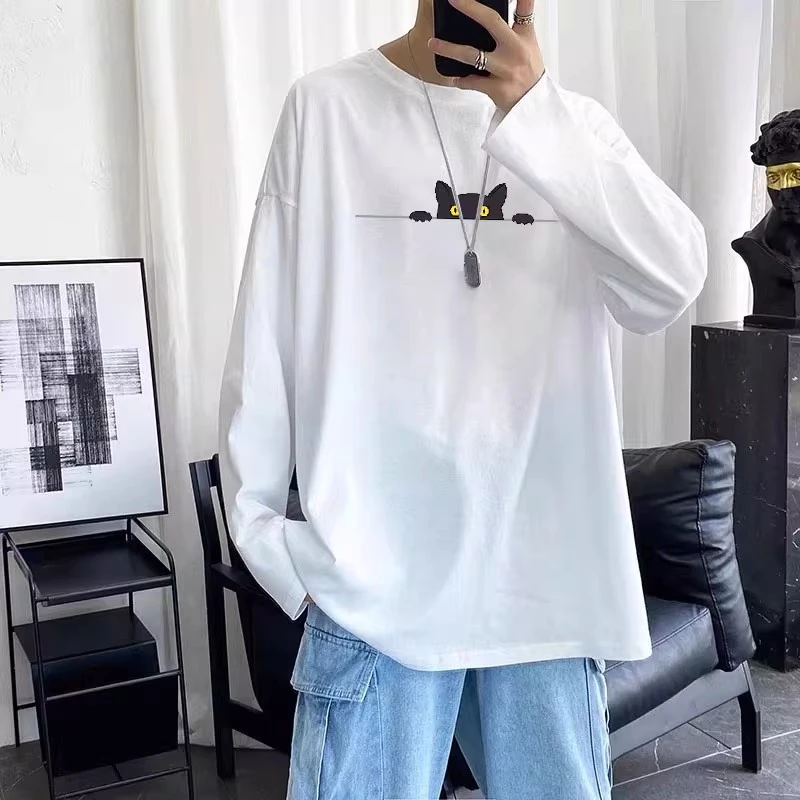 仓石一树卡通猫咪印花长袖T恤男高级感ins潮流时尚情侣装打底上衣