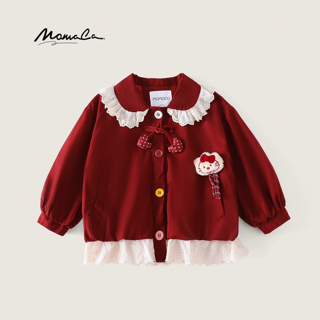 MOMOCO2025新款秋季女童可爱猫猫蕾丝花边领连帽外套77730138049