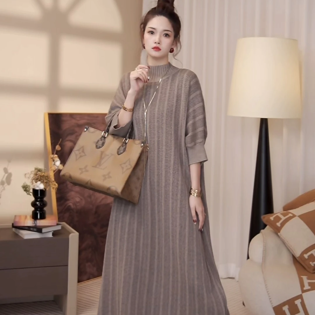 高端品质【淡雅脱俗】冬季斑点泼花长款秋冬毛衣打底连衣裙-6220#