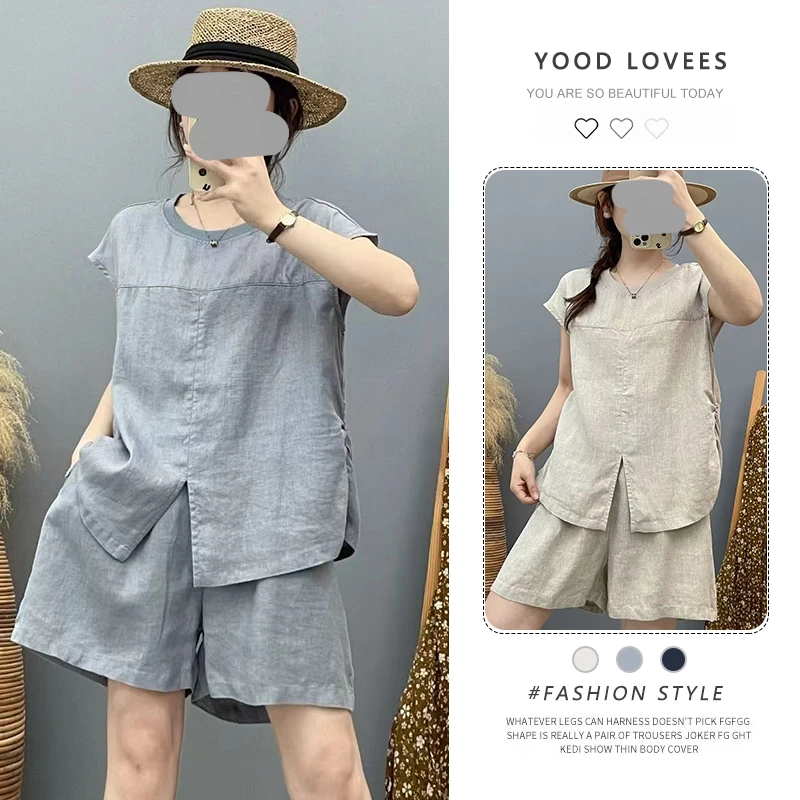 夏季女薄款两件套2025新款休闲舒适透气时尚圆领开叉短袖短裤套装