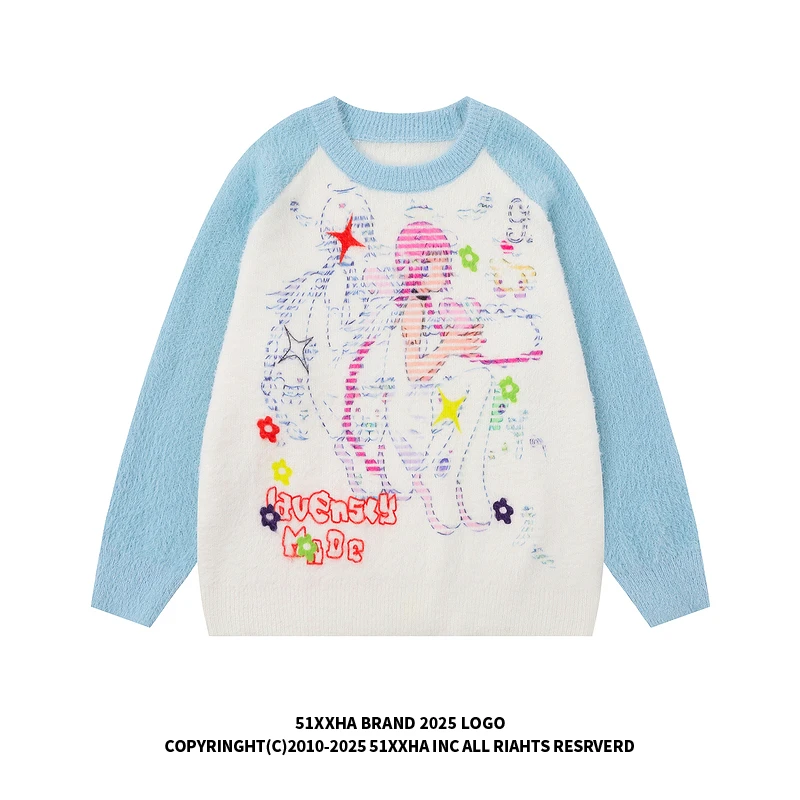 51嘻哈欧美二次元卡通人物提花马海毛针织衫男女冬季潮牌情侣毛衣