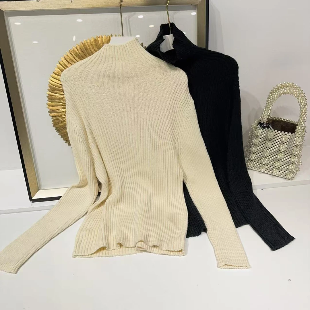 胸92-160长67显瘦套头坑条毛针织衫百搭长袖修身毛衫纯色 7710