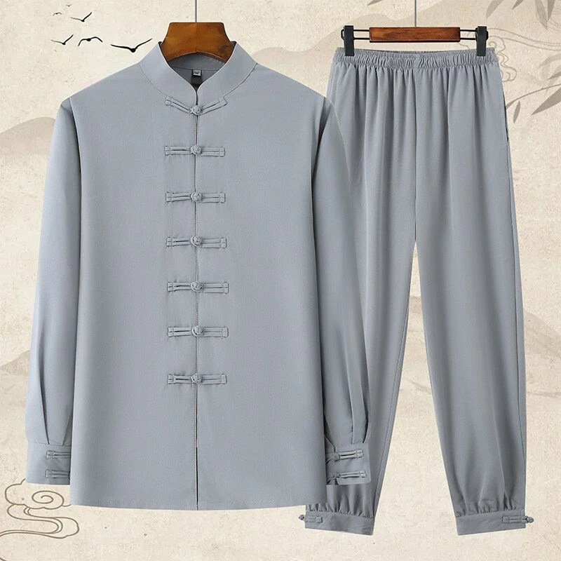 夏季长袖唐装男中老年中国风中式老年人爸爸男款服装套装练功服