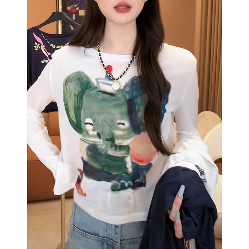 美式小众防晒长袖T恤女2025年夏季新款卡通大象印花别致漂亮上衣