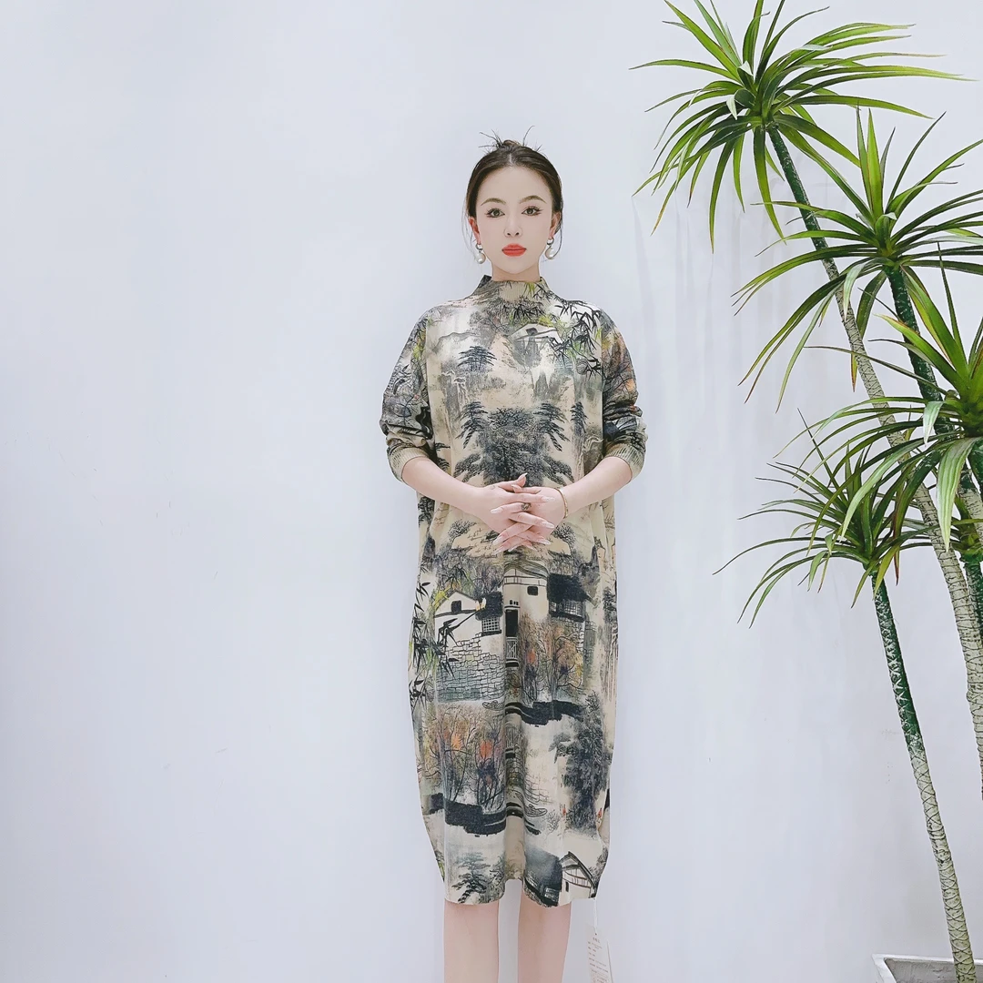 9041古镇5D喷画花设计师秋冬长款提花轻奢针织连衣裙