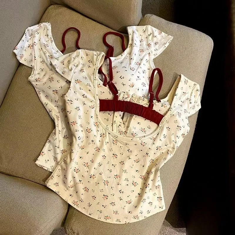 假两件荷叶边碎花短袖小清新T恤洋气常规印花复古露背公主