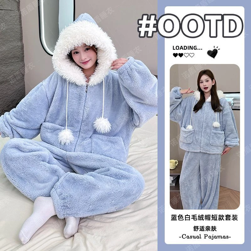 2025冬季珊瑚绒睡衣女款加绒加厚保暖套装爆款蓝色毛绒家居服套装
