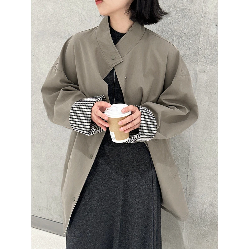 江左 气氛图书馆 双面可穿黑白格慵懒风风衣外套女中长款秋1228