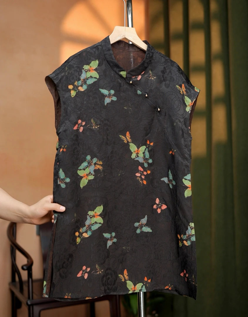 【彩蝶】新中式香云显瘦上衣奥黛背心裙中长款国风女士短袖