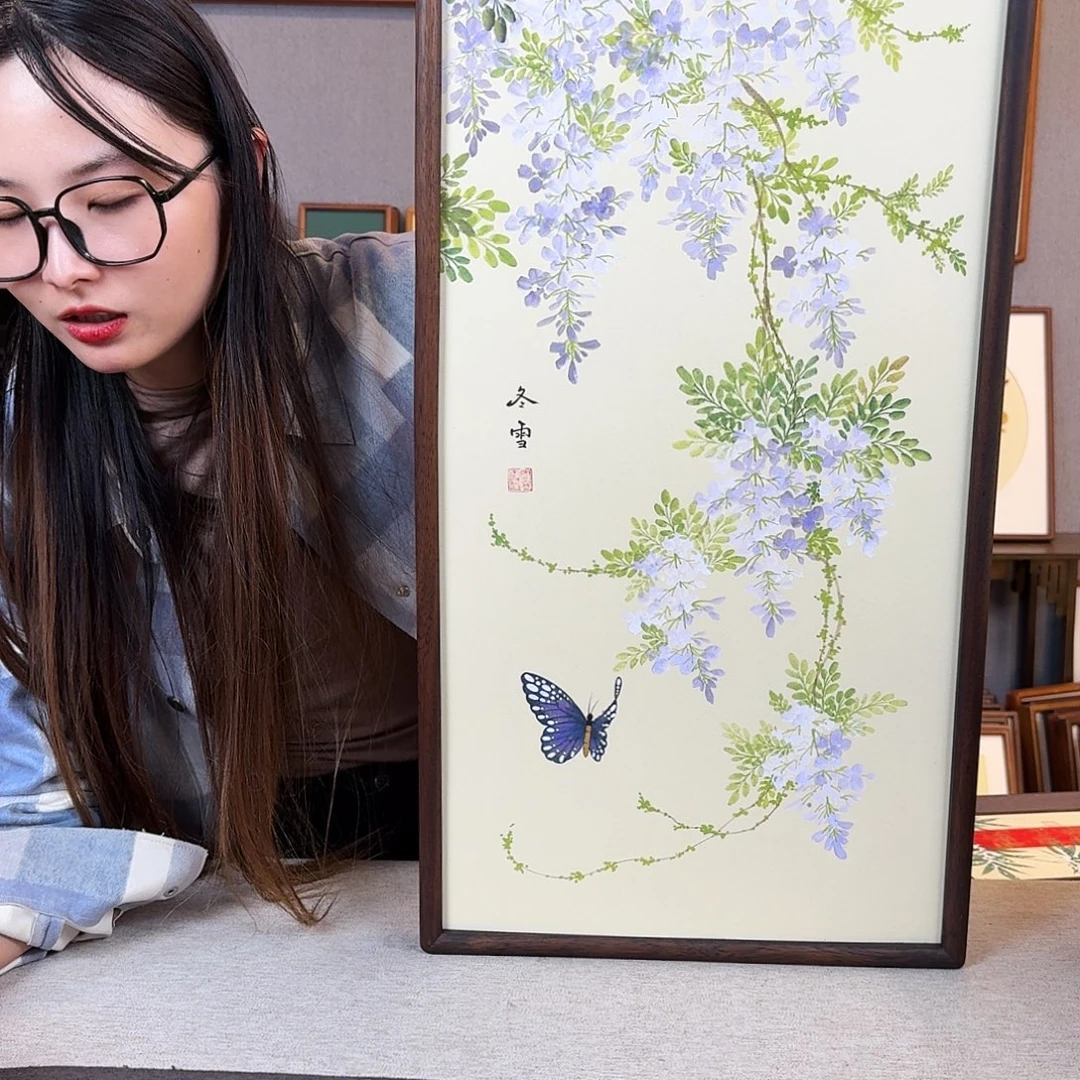 版画纯手绘，纯手写带框尺寸：36×69厘米