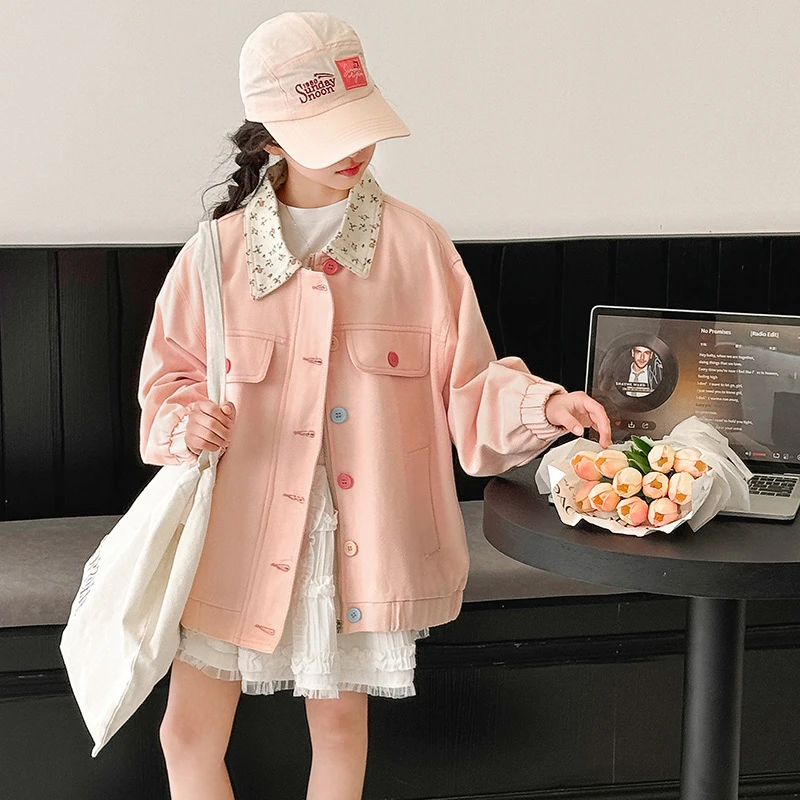 女童春季外套2025新款儿童宽松彩扣碎花领上衣大童棉布夹克衫春秋