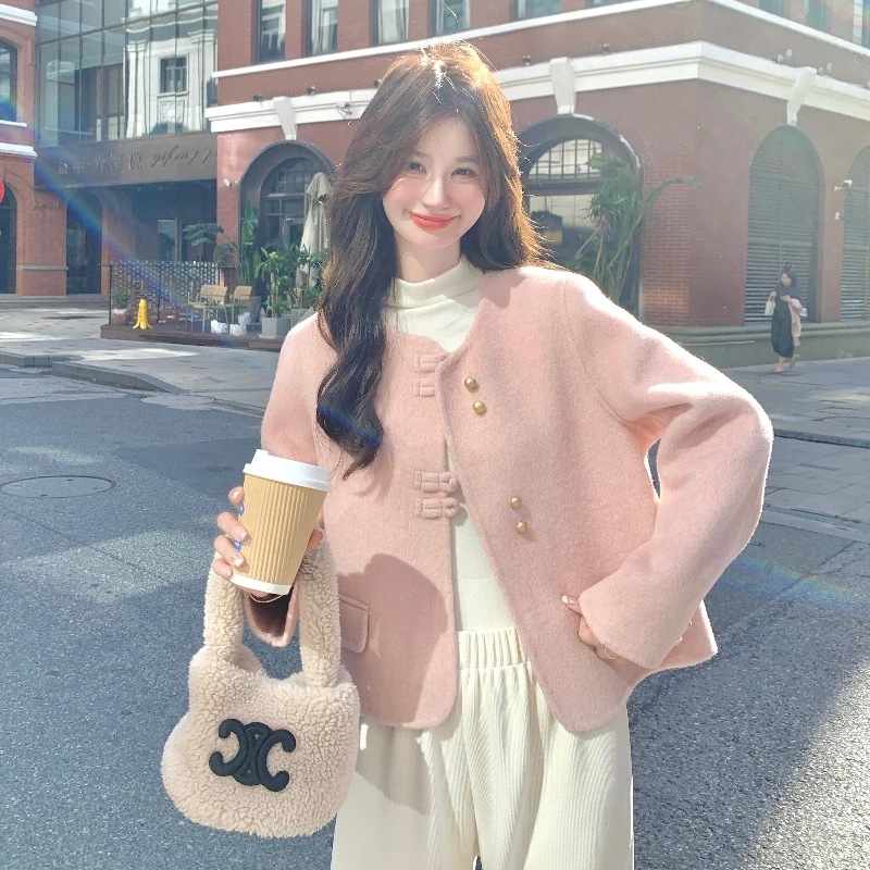 粉色短款双面羊毛呢外套2025新款女秋冬超好看小个子呢子法式上衣