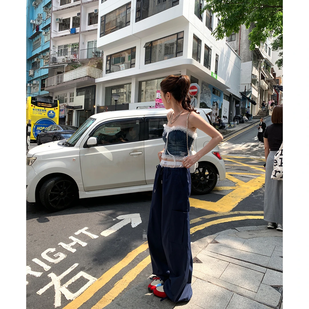 【丹宁夏日】假两件腰头蕾丝阔腿工装裤4289