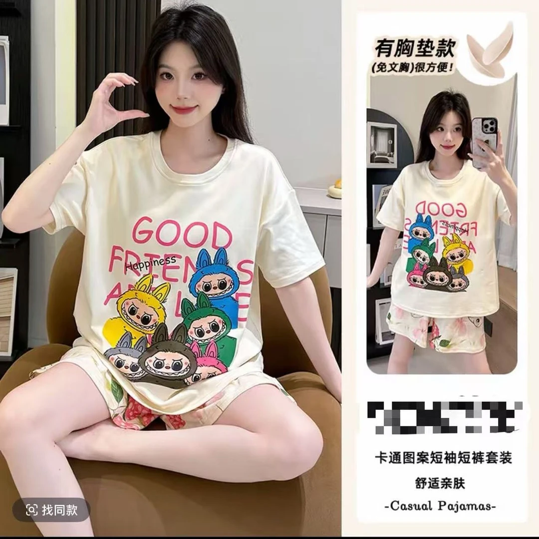 带胸垫睡衣女士爆款短袖卡通夏季家居服云朵棉舒适韩版可外穿套装