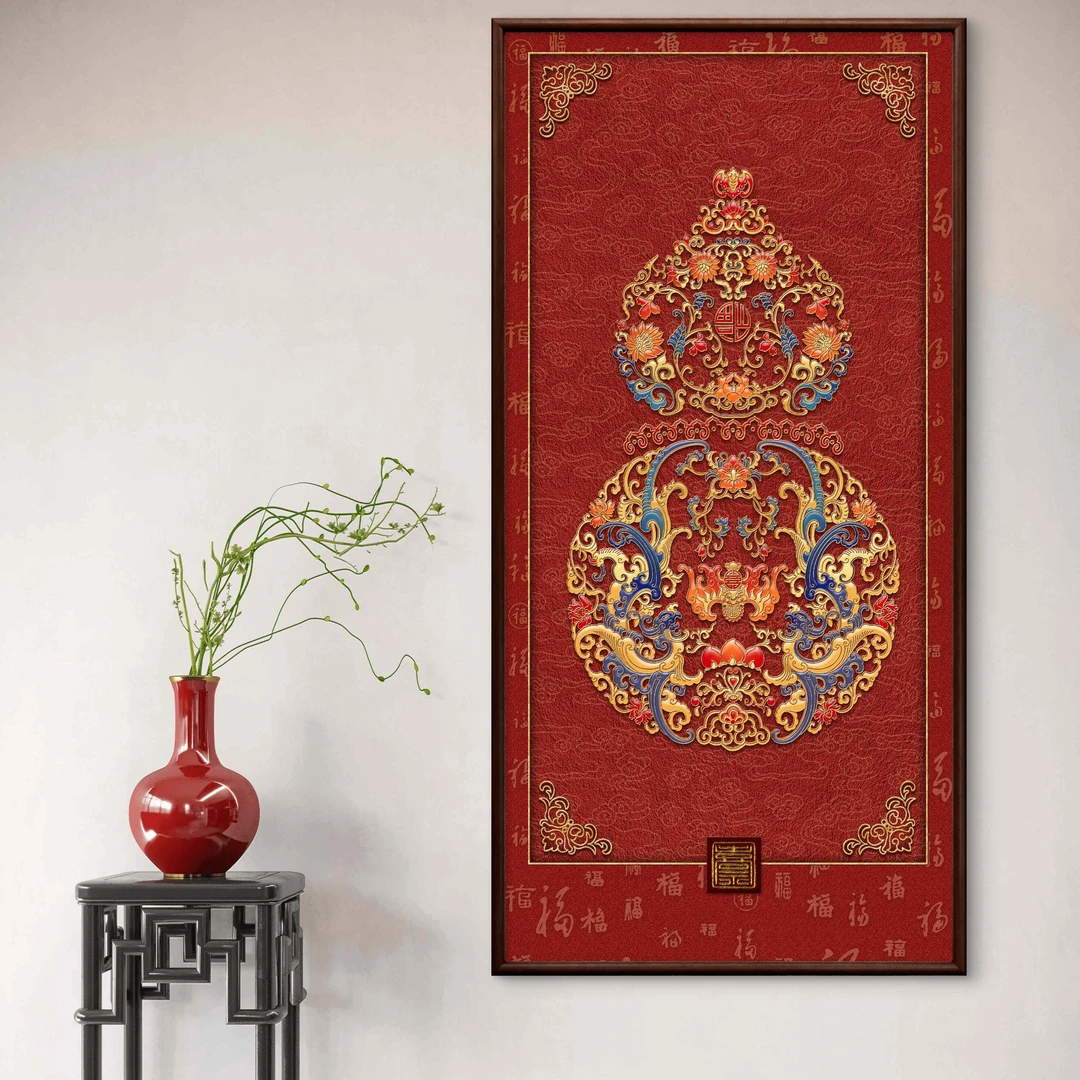 9009-55*110葫芦2中式装饰画实木框玄关书房茶室客厅挂画