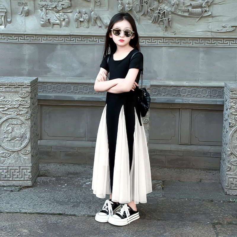 女童夏季连衣裙长款2025新款儿童裙子洋气时髦薄款拼接网纱公主裙