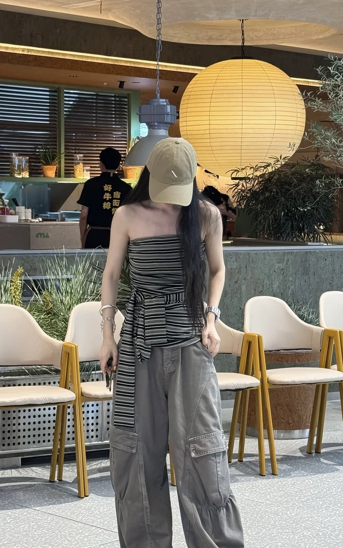 蝴蝶絮语～复古撞色条纹绑带修身外穿辣妹抹胸背心