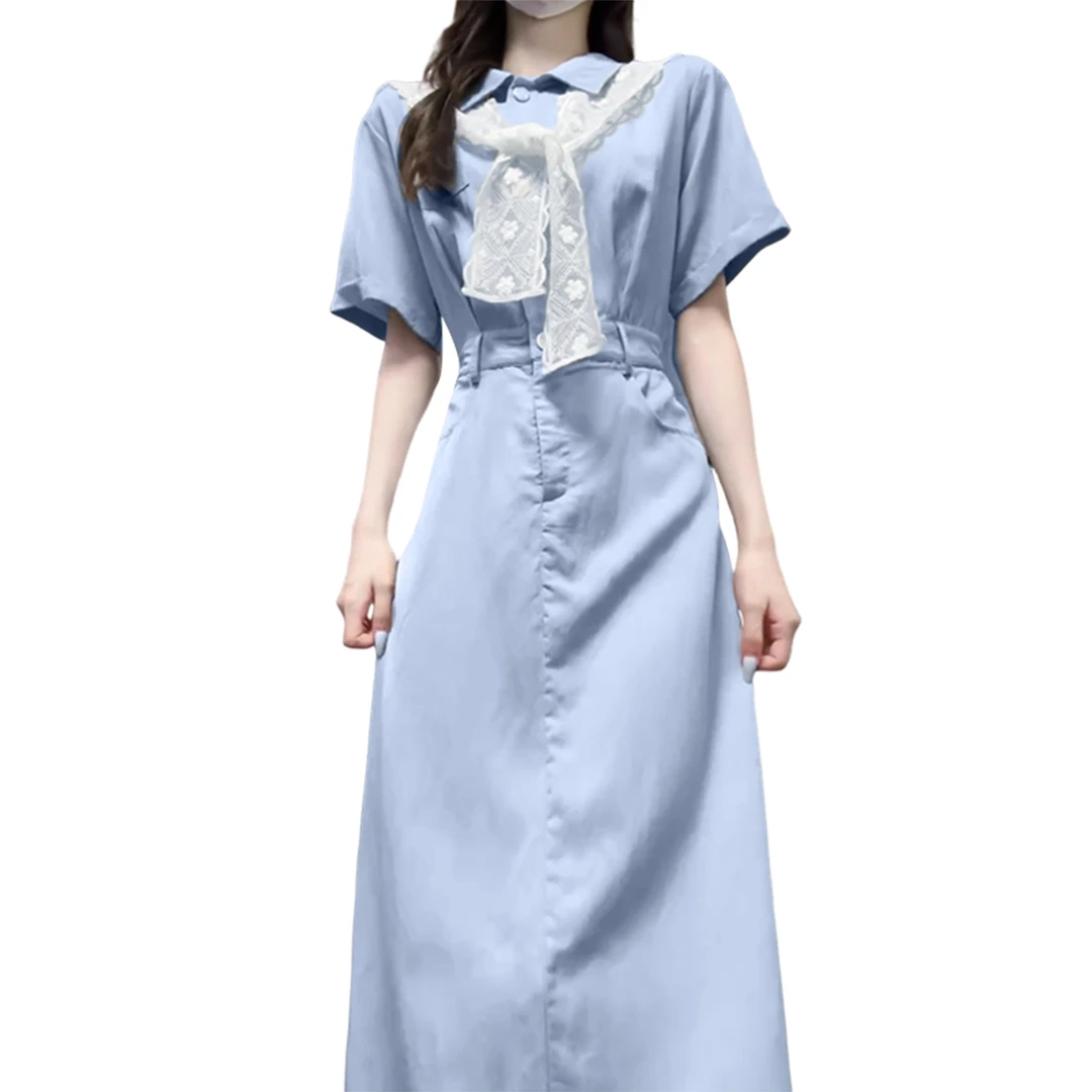 法式高级感蓝色衬衫连衣裙子女夏季2025新款大黑色长款修身连衣裙