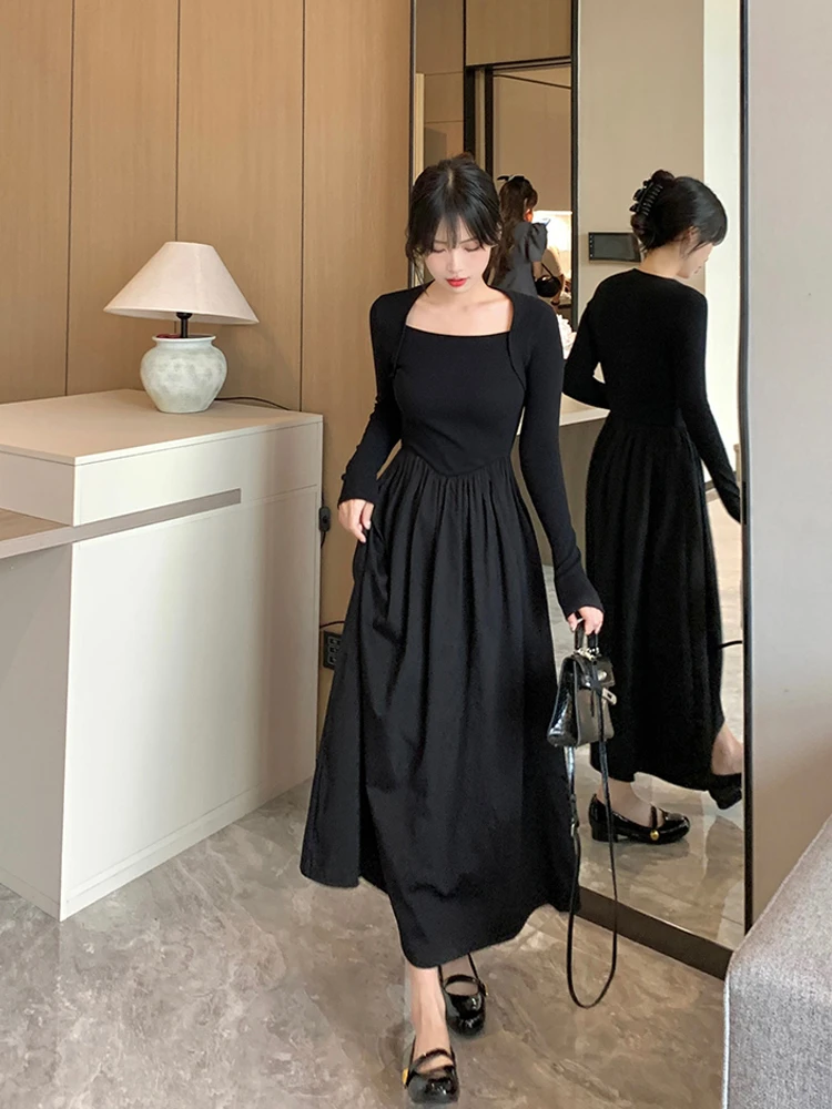 早秋长袖黑色连衣裙女春秋2025年新款法式赫本风掐腰气质高级裙子