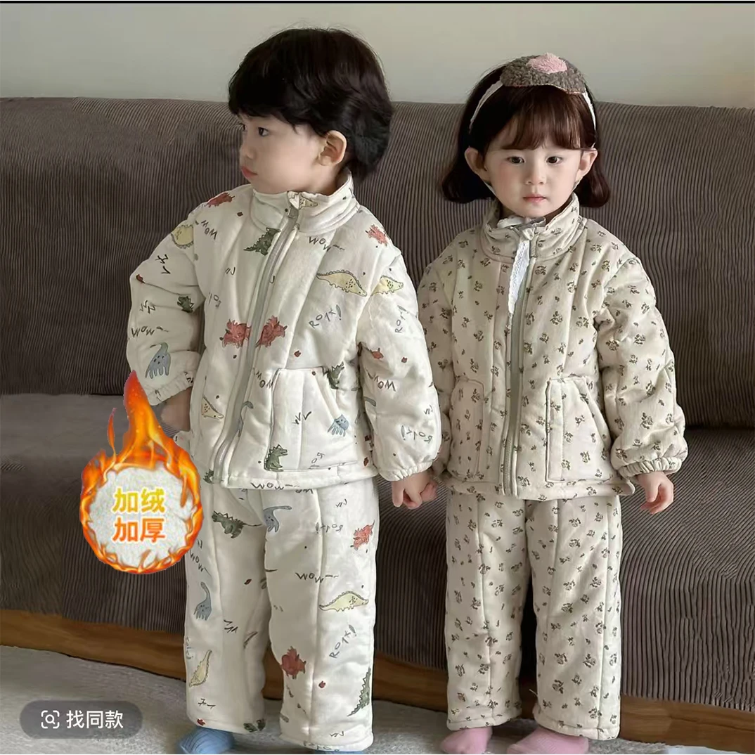 2025新款儿童睡衣冬季加厚男童保暖女宝宝加绒三层夹棉家居服套装