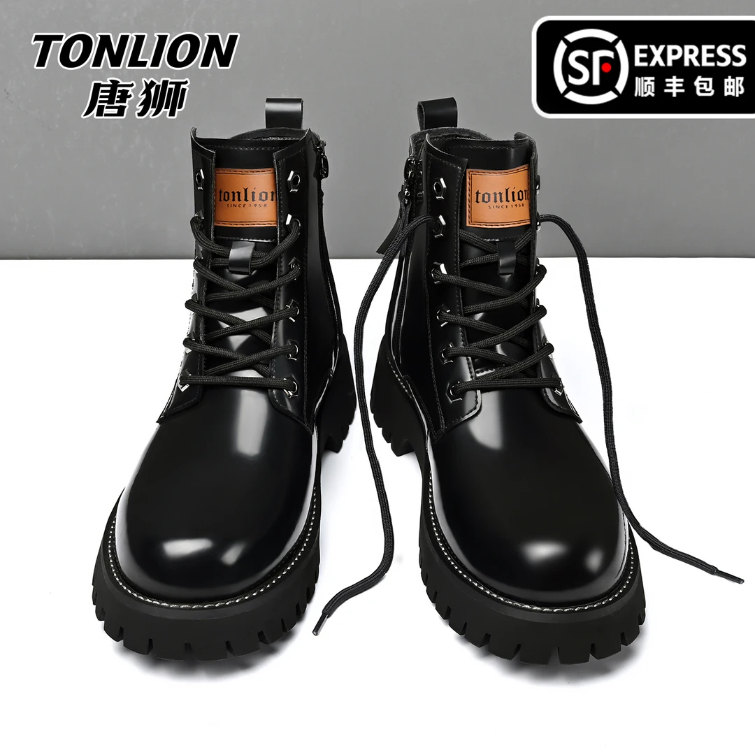 唐狮马丁靴2025冬季加绒复古机车风亮面工装靴厚底皮靴棉鞋男8169