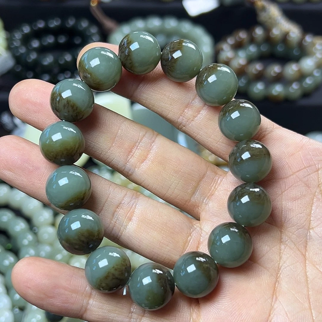 和田玉手链未镶嵌且末蓝聚宝盆卡14圆珠 油润