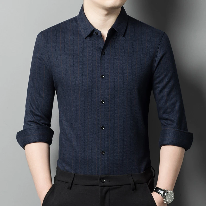 Louis Fordea路易弗狄商务男式羊毛衬衫春秋长袖中年中年商务条纹
