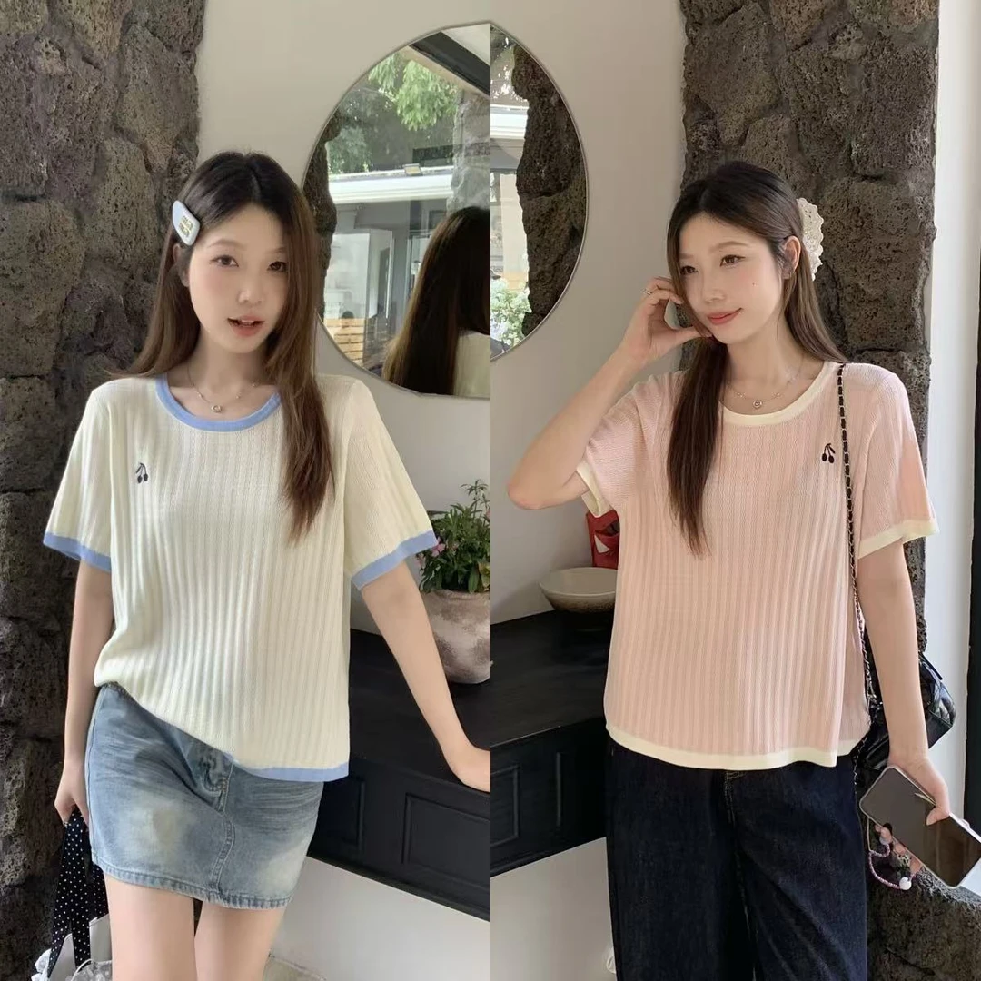 韩系撞色刺绣针织衫正肩短袖T恤女2025夏季新款大码胖mm时尚百搭