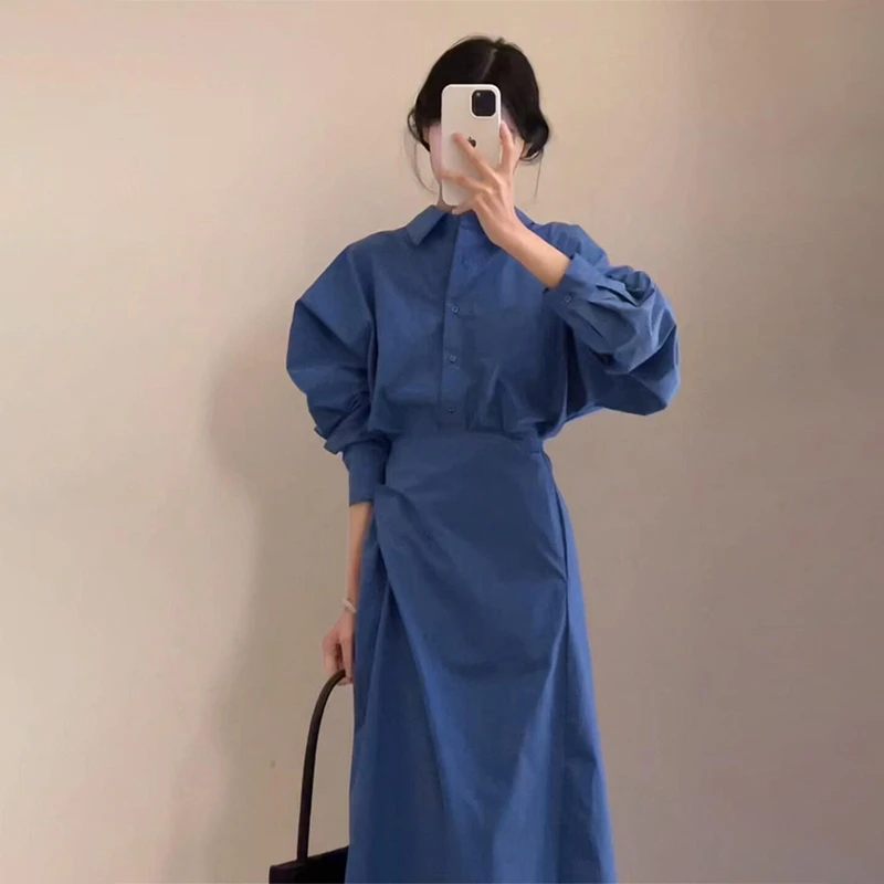蓝色长袖衬衫连衣裙子女早春新款2025爆款高级感洋气收腰长裙1551