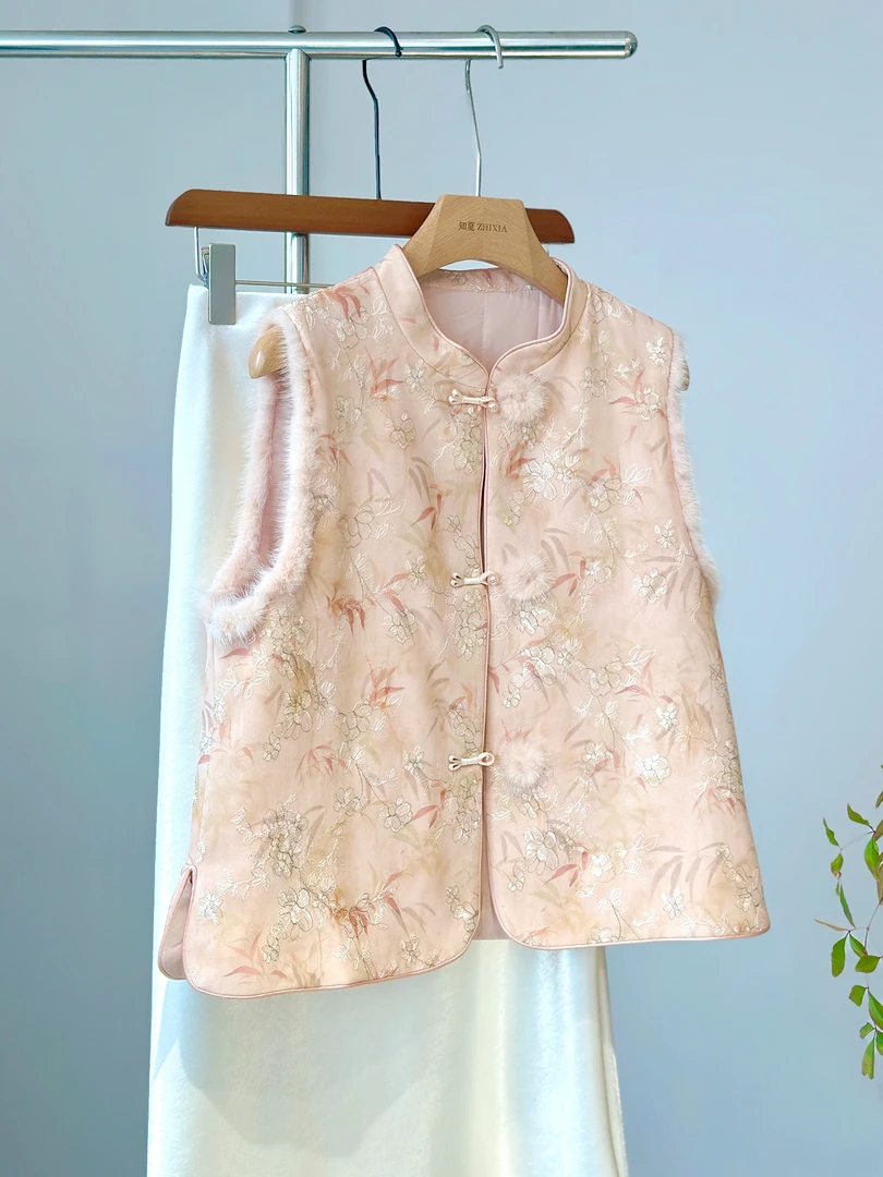 粉色高级感新中式水貂毛马甲女秋冬夹棉外穿国风立领坎肩背心