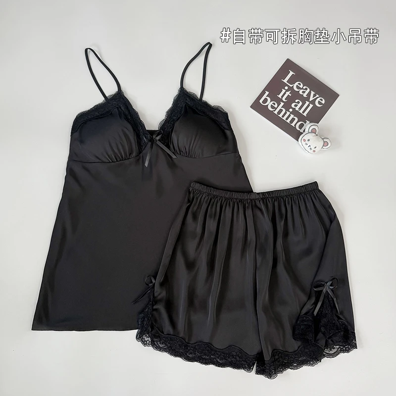 吊带短裤睡衣女士夏季冰丝宽松黑色高级感带胸垫纯欲风家居服套装