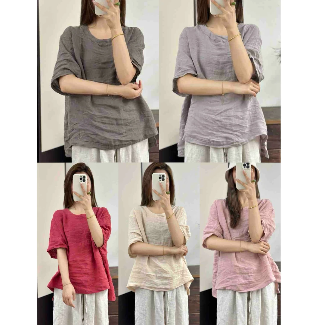 高品质爆款细软亚麻圆领短袖衬衫女上衣