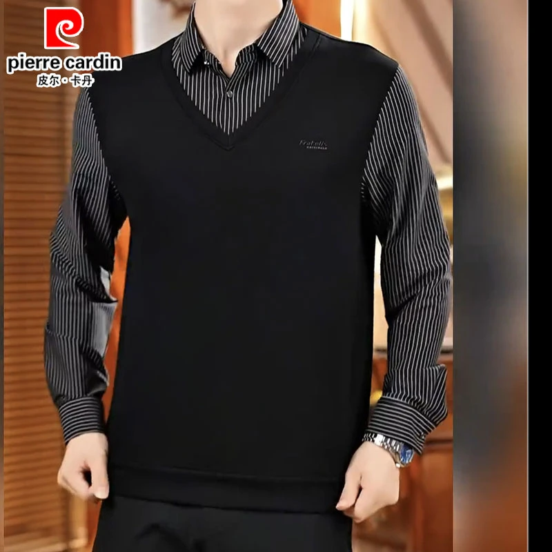 皮尔卡丹男款假两件长袖t恤男衬衫领时尚中年男装秋季薄款上衣