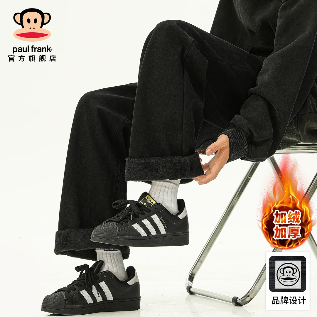 paul frank/大嘴猴加绒防寒保暖牛仔裤男冬季新款简约百搭直筒裤