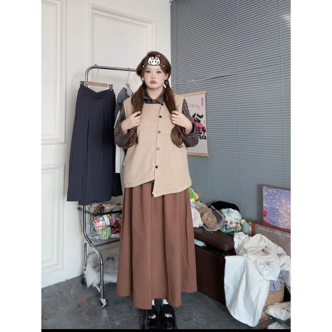 88151 大码胖mm复古学院风套装女格子衬衫针织马甲半身裙新款