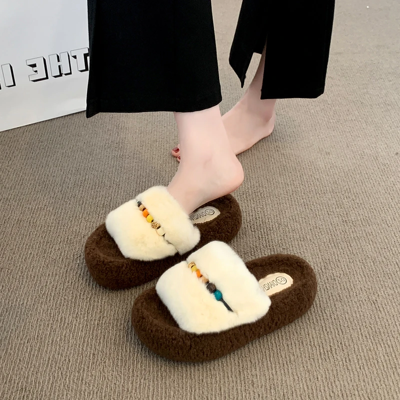 厚底毛毛拖鞋女外穿一字加绒保暖增高秋季2025年新款串珠棉拖鞋女