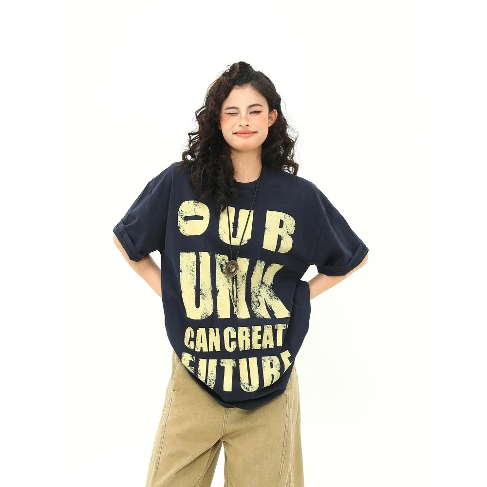 oversize 美式复古短袖T恤男女做旧字母印花潮牌宽松百搭情侣上衣