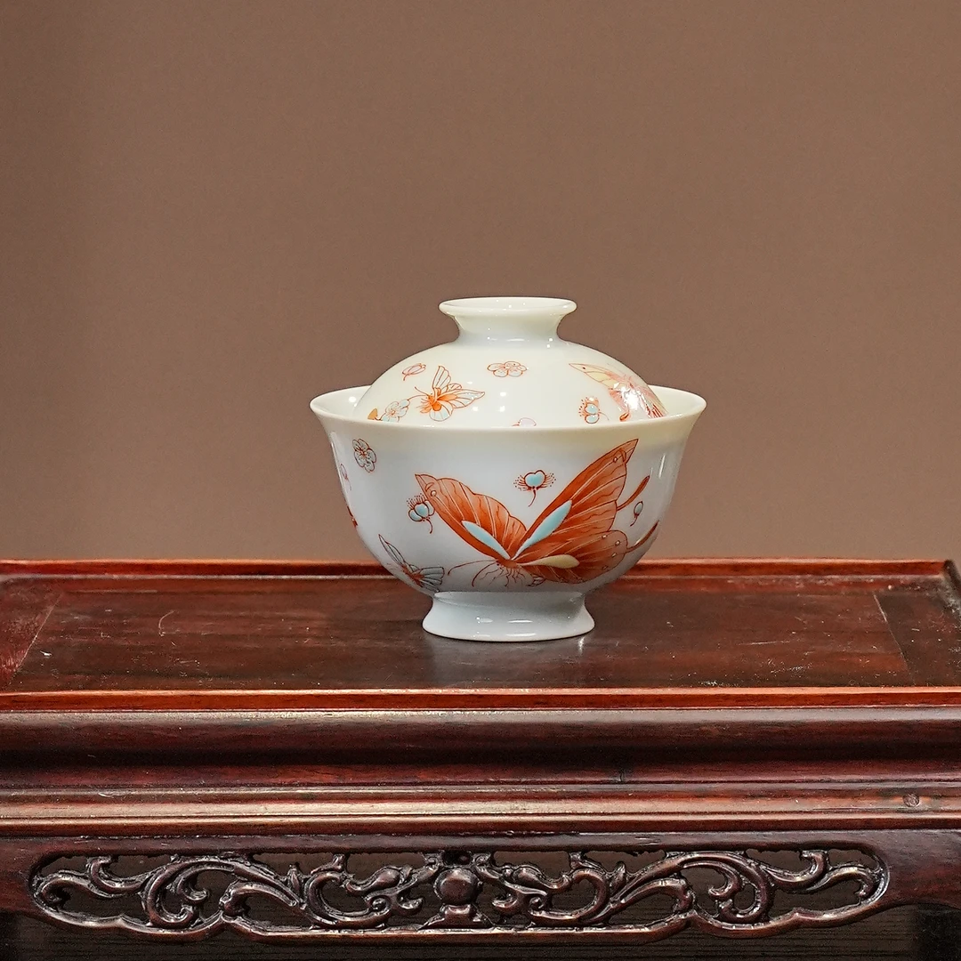 雅同集丨古彩矾红蝶恋花盖碗110ml景德镇陶瓷