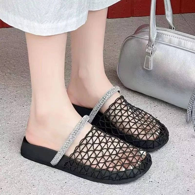 C6868  黑色  夏季网面透气包头拖鞋女2025新款一脚蹬编织渔网鞋