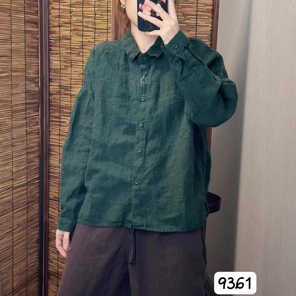 上衣砂洗汉麻法式领子衬衫百搭衬衣休闲翻领纯色宽松长袖绿色时尚
