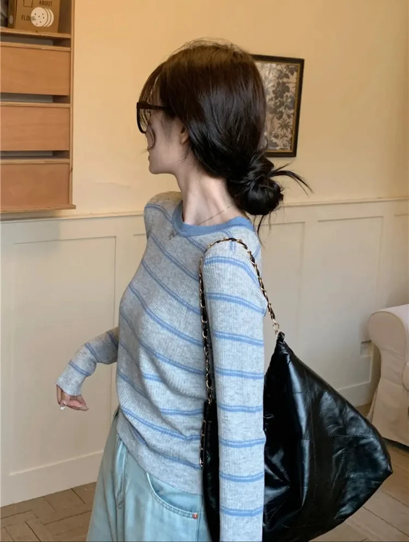 撞色条纹正肩针织长袖t恤女2025春季修身打底衫内搭上衣#3676