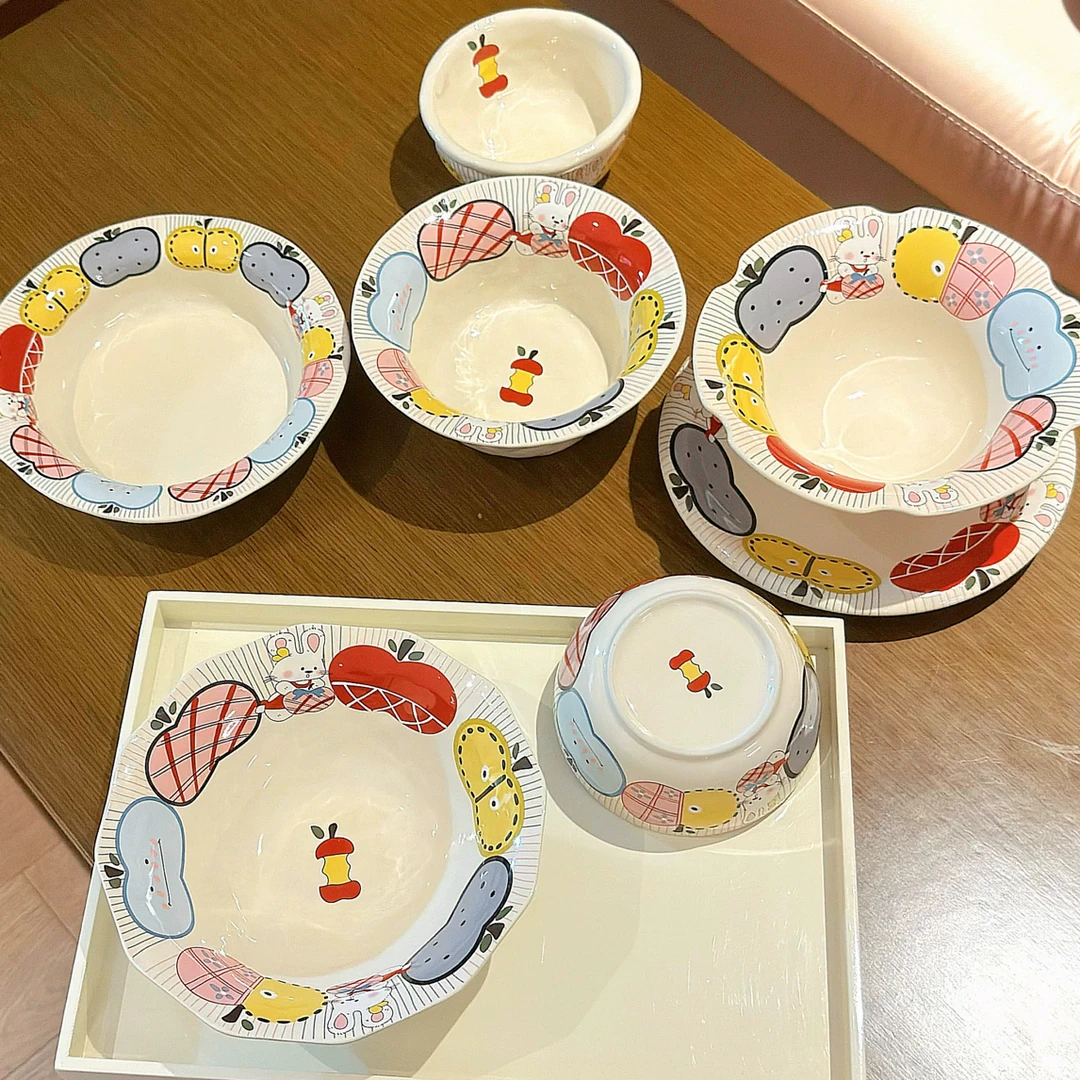 可爱苹果兔子餐具餐盘家用米饭碗酸奶碗餐碗早餐碗盘汤面碗沙拉碗