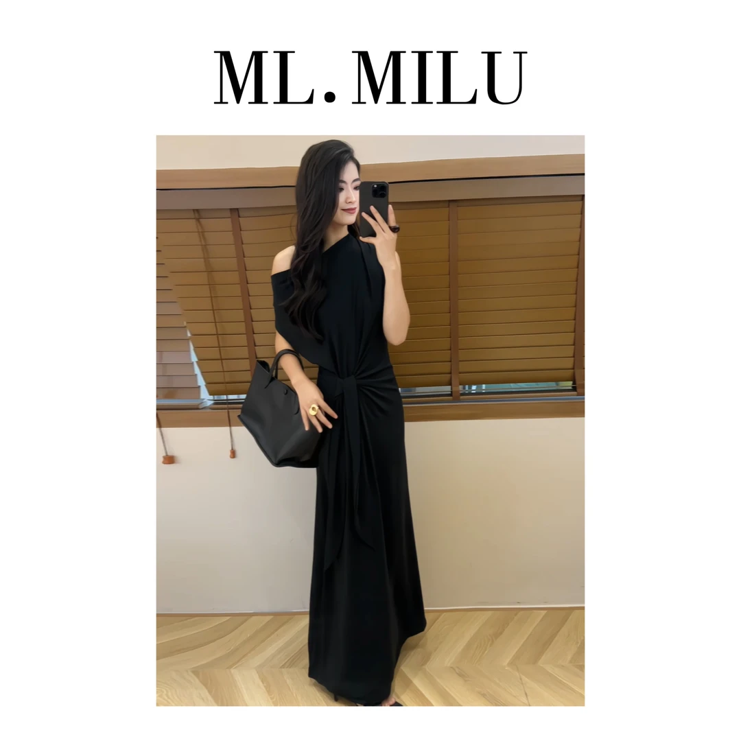 MILU夏季新款斜肩系带中长款显瘦收腰设计感连衣裙