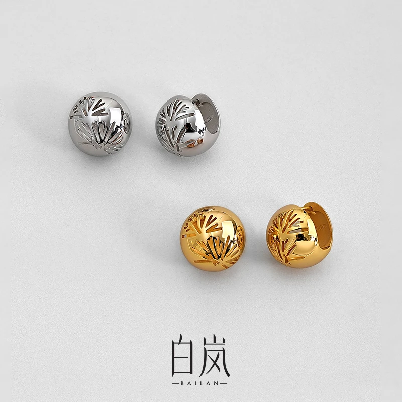 925银耳饰 白岚松叶圆球耳扣女耳环新款精致气质通勤耳饰ED4535