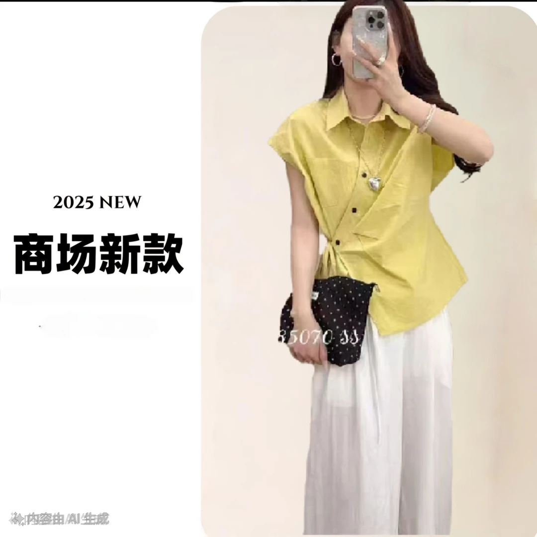 夏季新款韩版斜扣系带气质休闲短袖衬衫女时尚简约显瘦百搭上衣