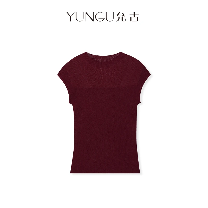 YUNGU允古【天鹅颈】优雅桑蚕丝山羊绒微透感拼接修身针织衫打底衫