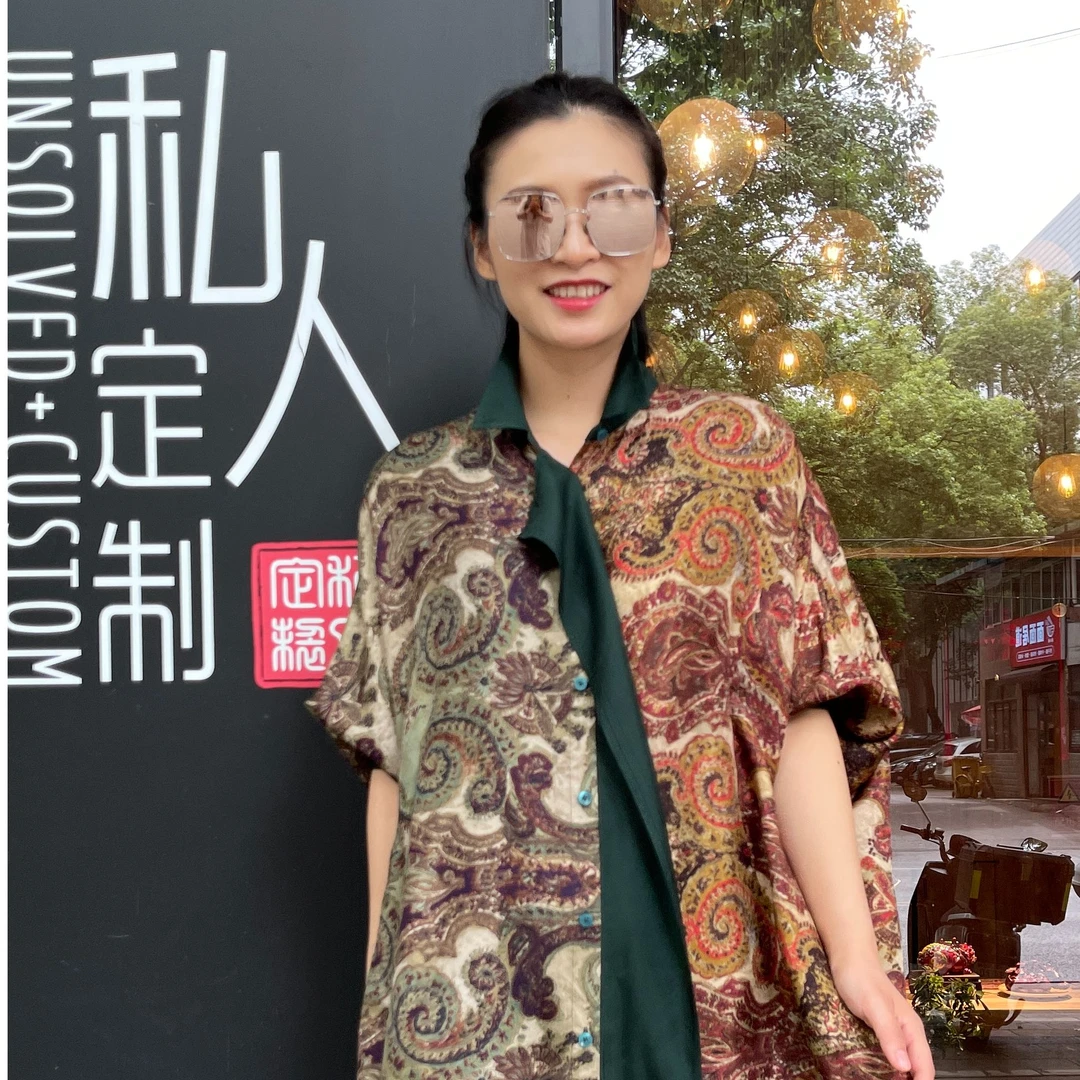 UNSOLVED CUSTOM/未解红绿腰果花撞色翻领阔版长款桑蚕丝夏季长裙